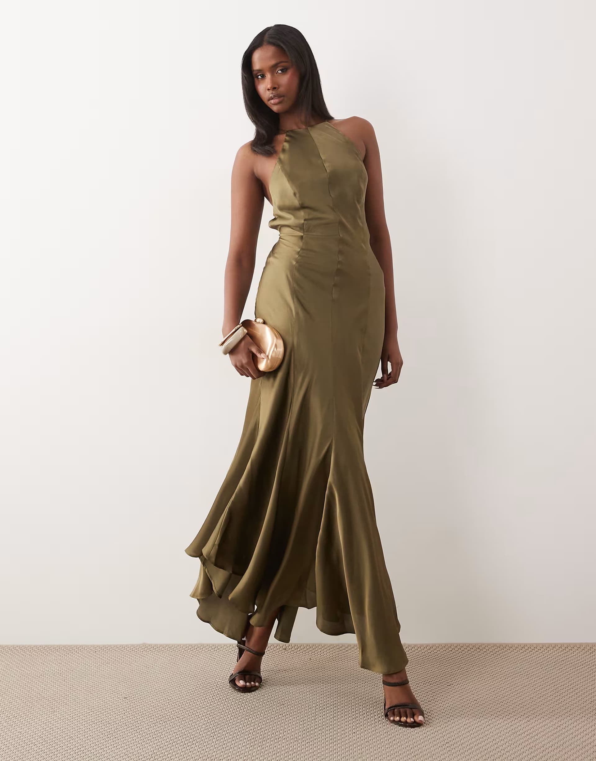 ASOS ASOS DESIGN seam detail open back strappy maxi dress in soft khaki
