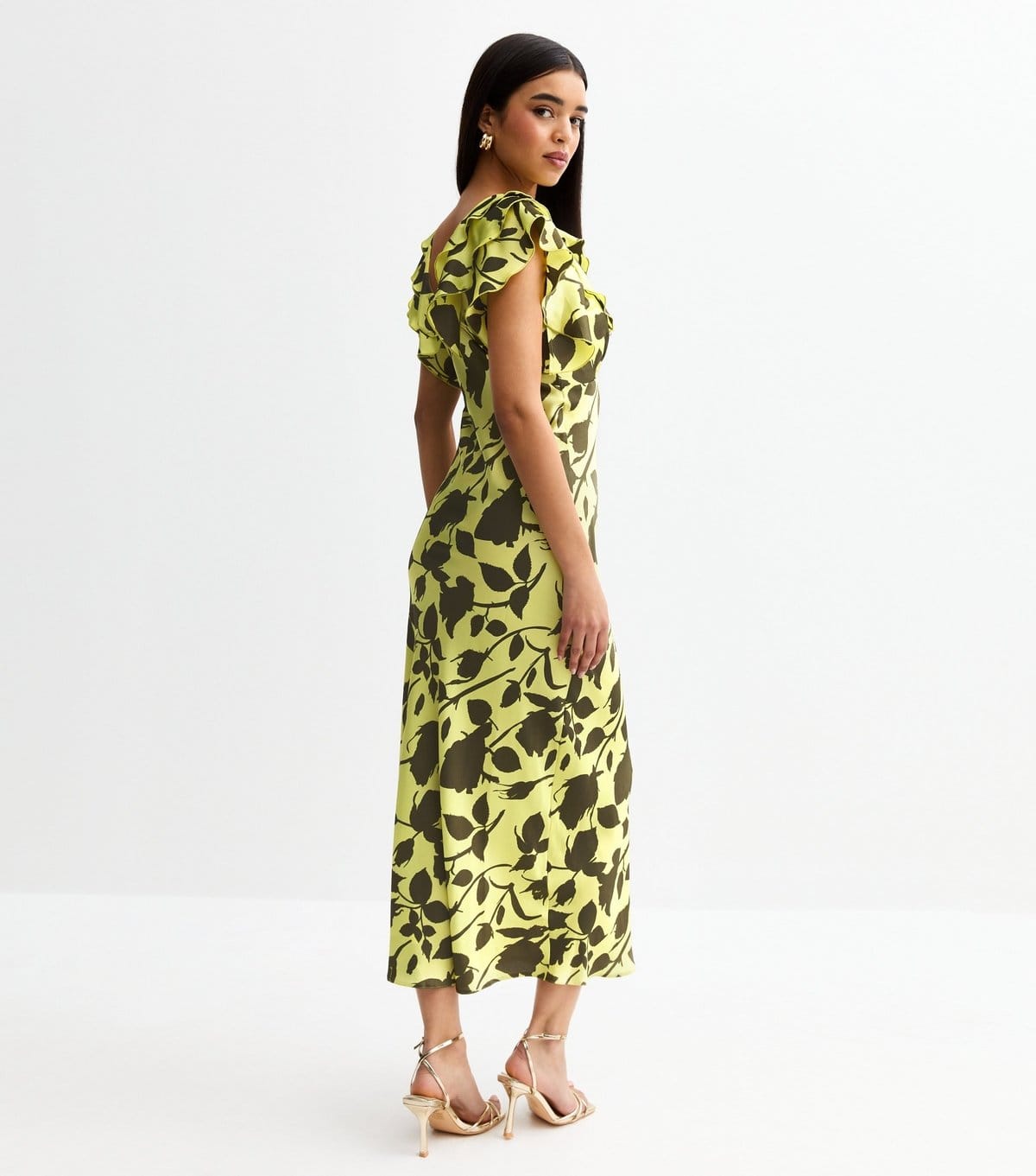 New Look Women's Green Satin Floral print Ruffle Trim Midi Dress New Look - 4