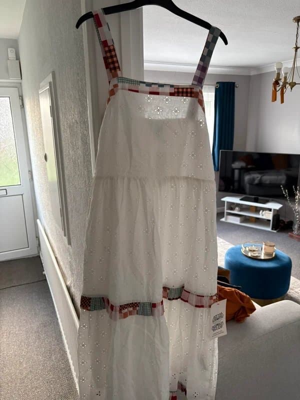 Never Fully Dressed Never Fully Dressed Petite contrast check broderie midaxi dress in ivory UK 12