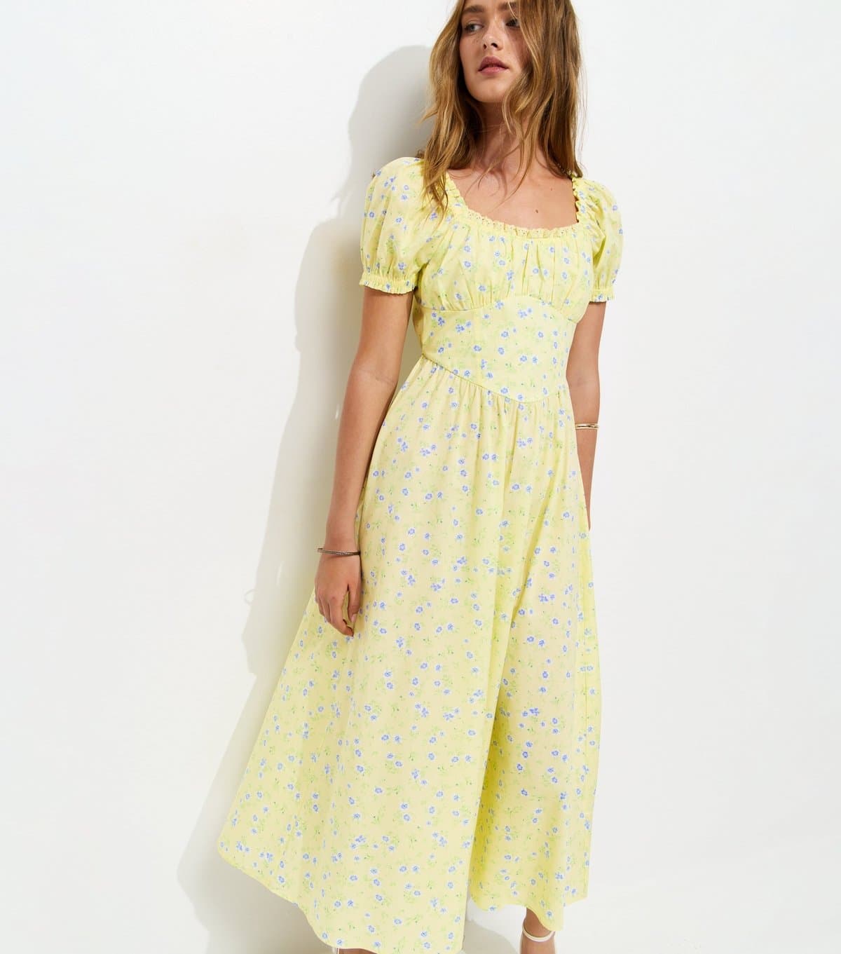 New Look Women's Yellow Cotton Floral Milkmaid Midi Dress New Look