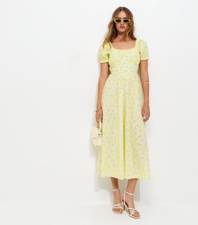 New Look Women's Yellow Cotton Floral Milkmaid Midi Dress New Look - 3