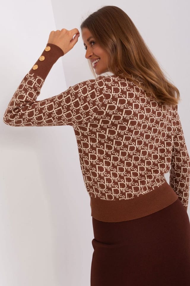 Love Lace Love Lace Women's Round Neck Long Sleeve Sweater with Button Cuffs in Brown - 3