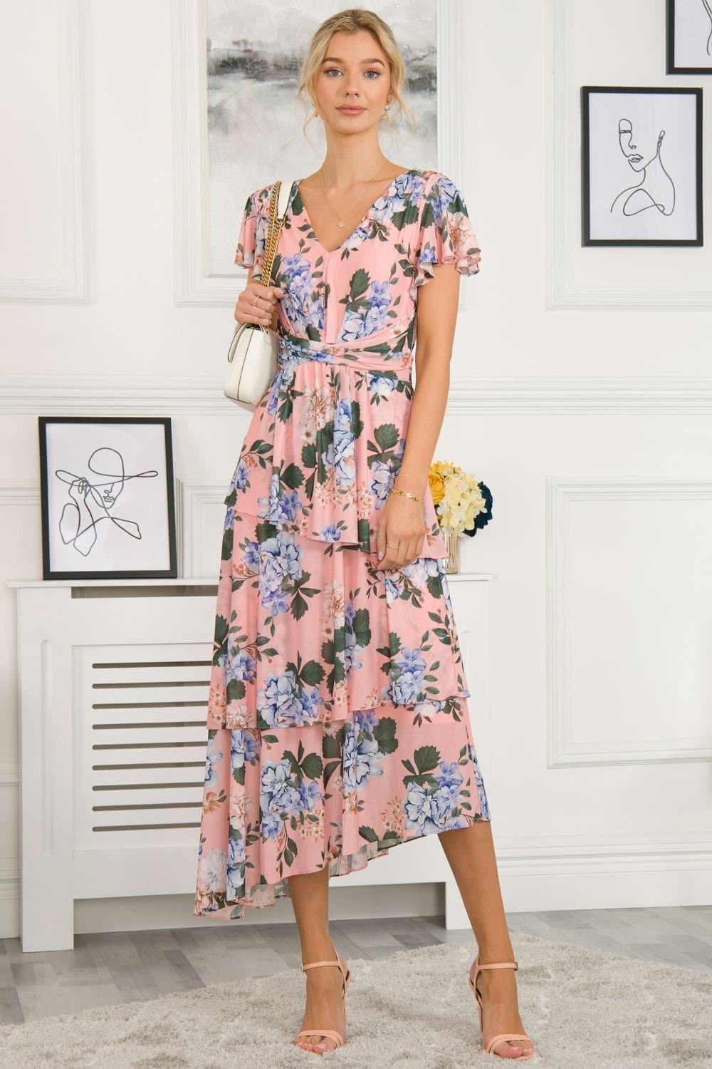 Jolie Moi Jolie Moi Women's Danica Tiered Hem Mesh Maxi Dress in Light Pink