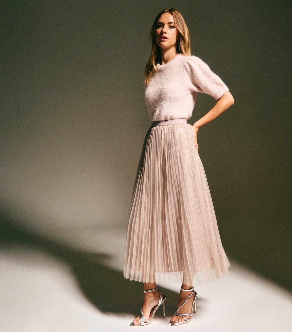 New Look Women's Pale Pink Sequin Tulle Midi Skirt New Look