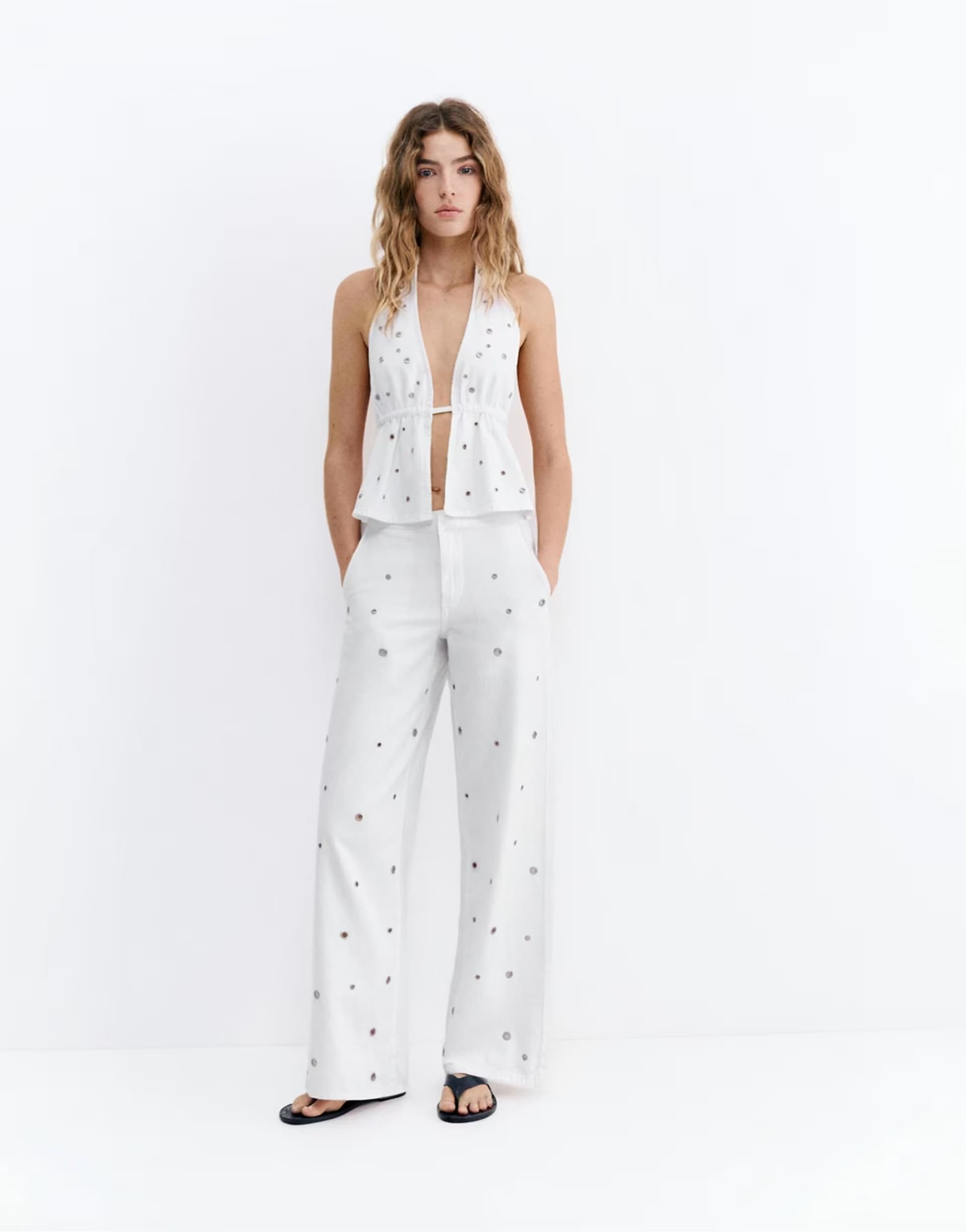 ASOS Pull&Bear Straight-leg eyelet trousers in white