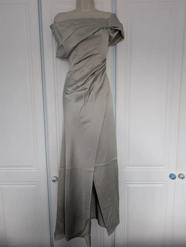 ASOS ASOS Edition satin Bardot drape wrap maxi dress in sage green size 6