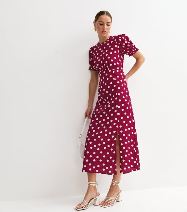 New Look Women's Red Polka Dot Crepe Short Sleeve Midi Dress New Look - 3