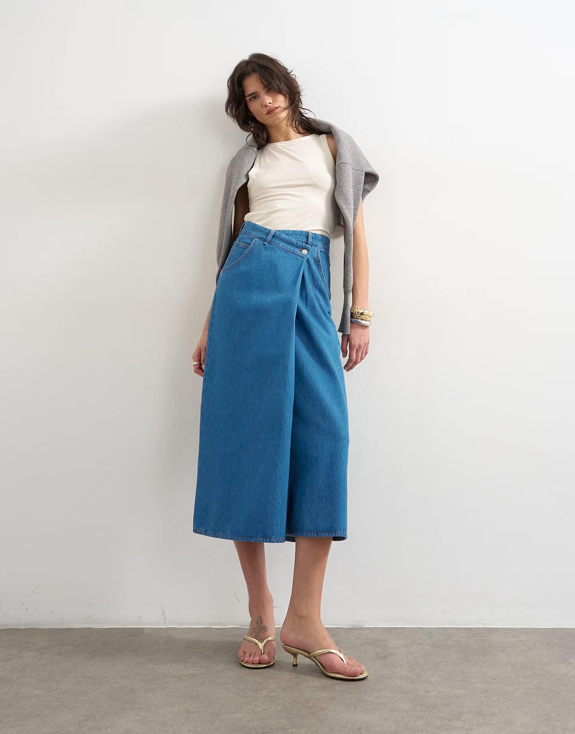 ASOS Topshop denim wrap circle midi skirt in mid blue