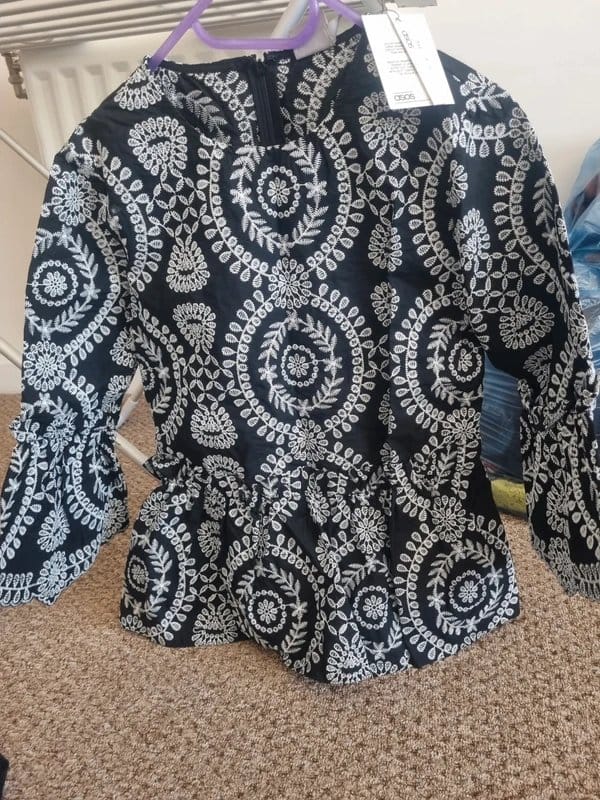 ASOS Black Embroidered Peplum Top Size 8