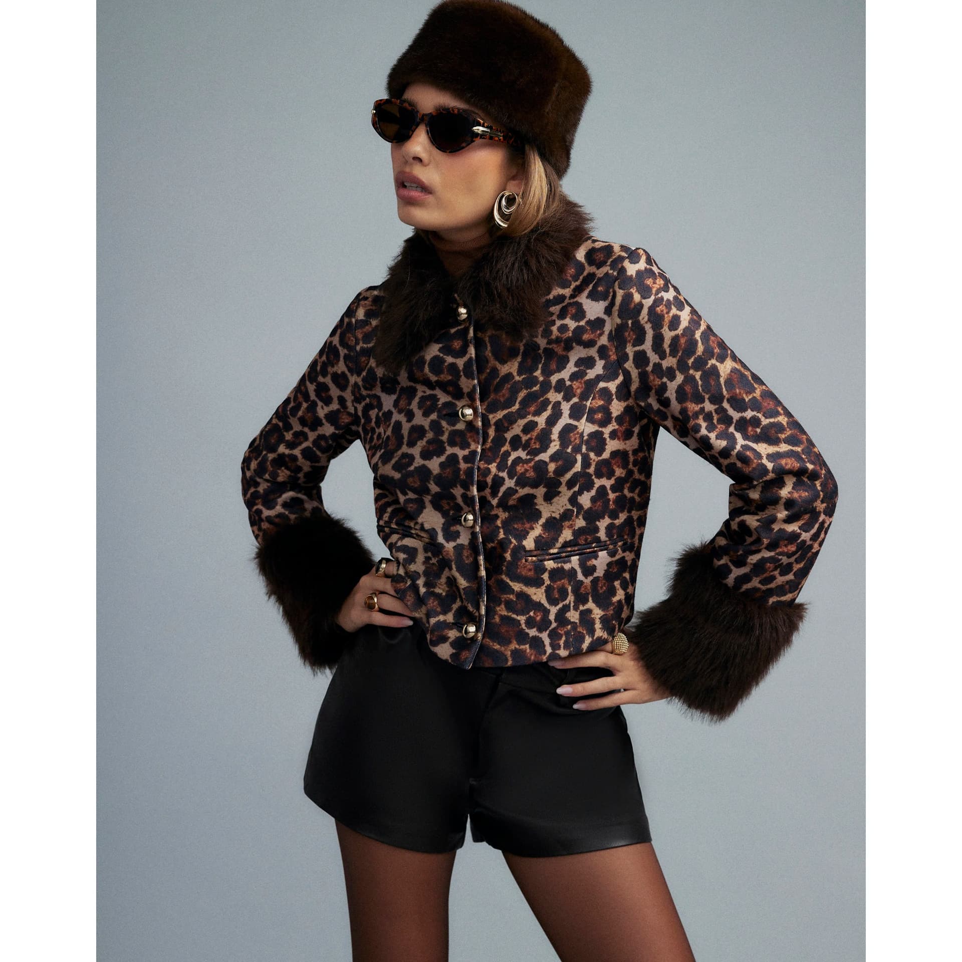River Island River Island Womens Brown Leopard Print Faux Fur Cuff Coat