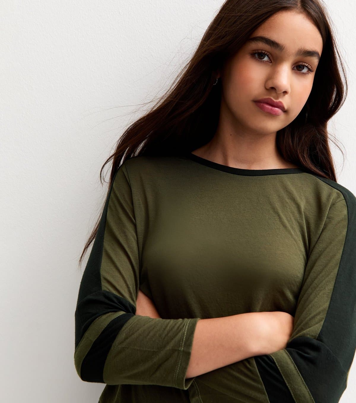 New Look Girls' Dark Khaki Crop Sleeve Panelled Top New Look
