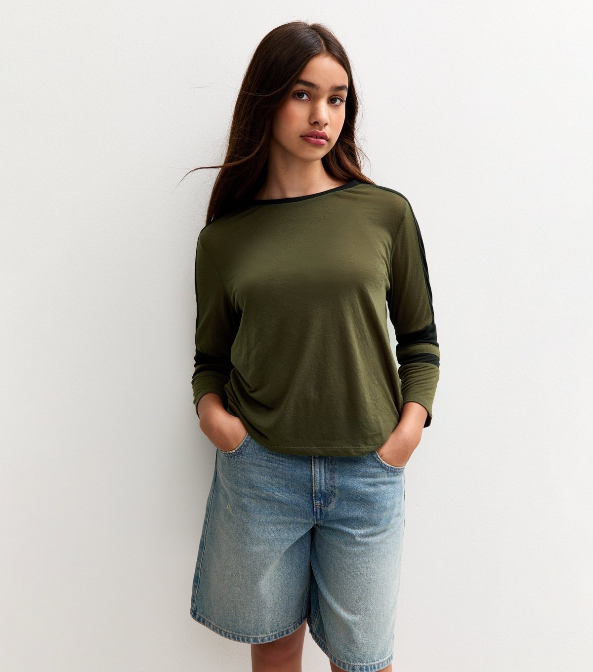 New Look Girls' Dark Khaki Crop Sleeve Panelled Top New Look - 2