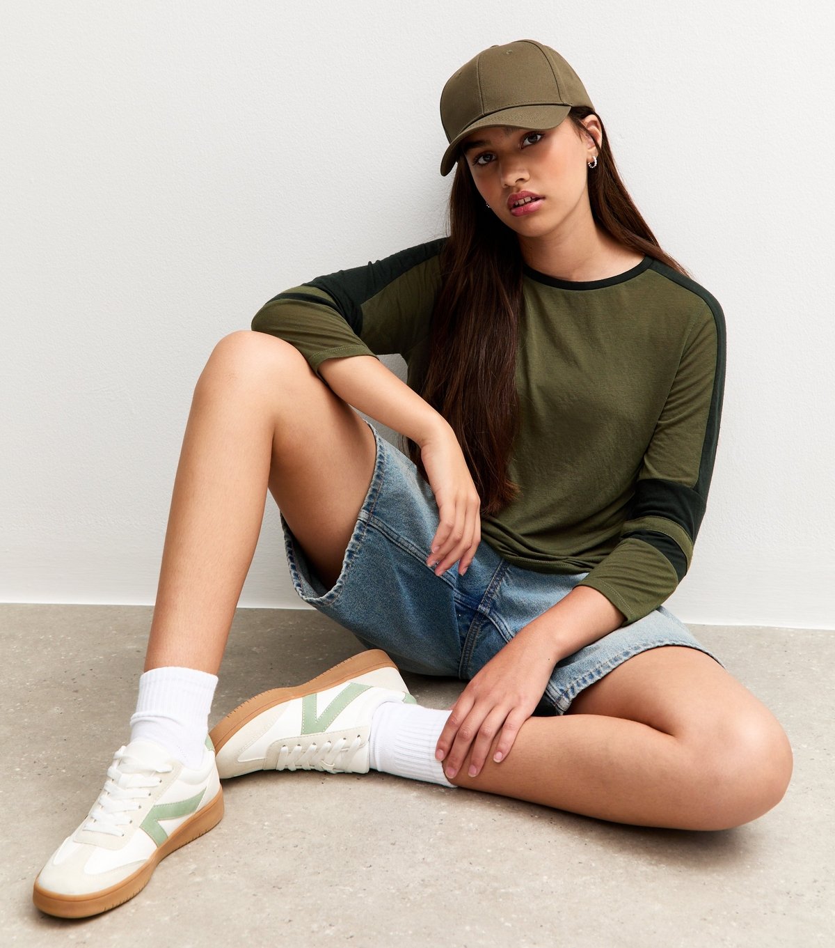 New Look Girls' Dark Khaki Crop Sleeve Panelled Top New Look - 3