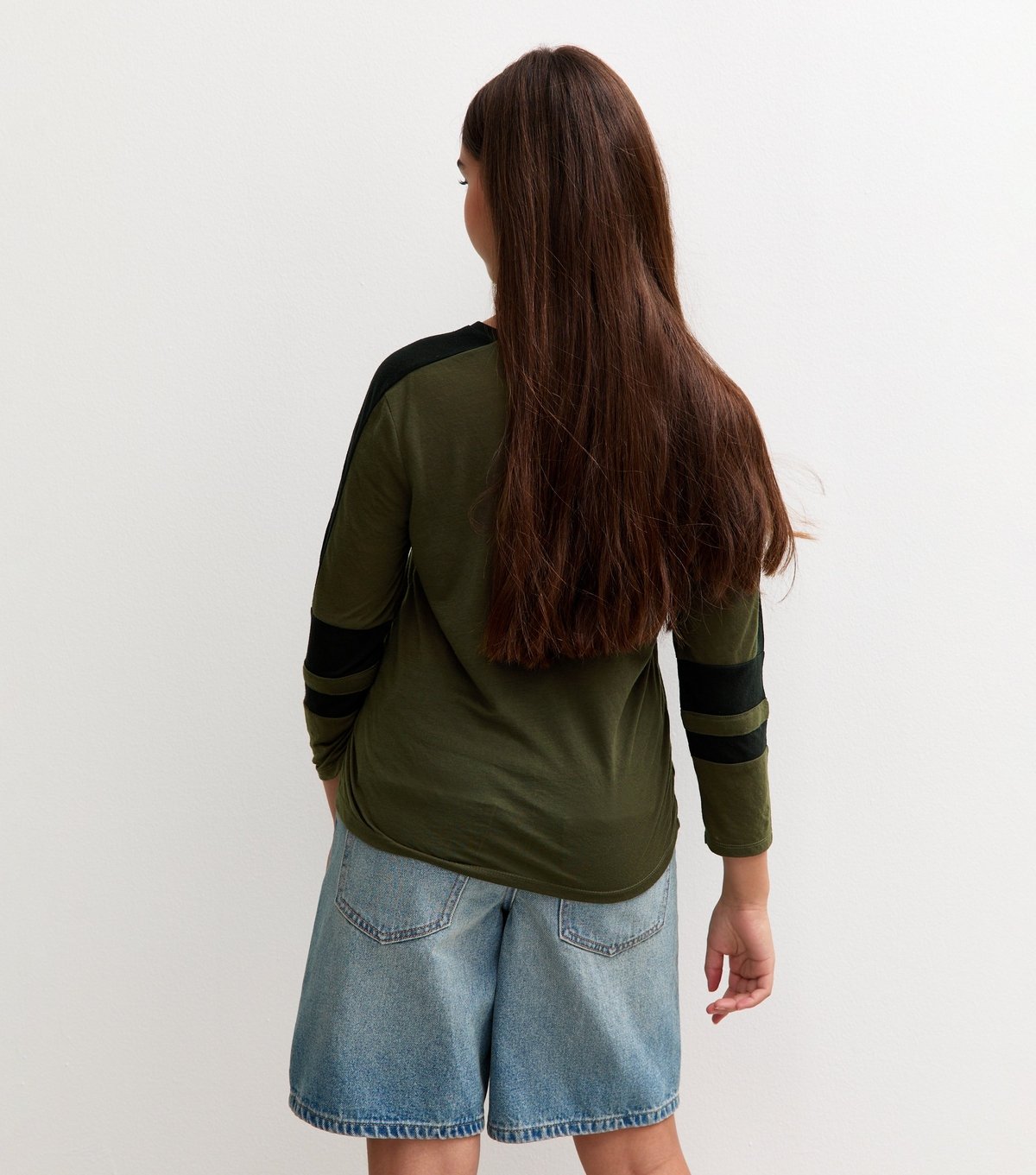 New Look Girls' Dark Khaki Crop Sleeve Panelled Top New Look - 4