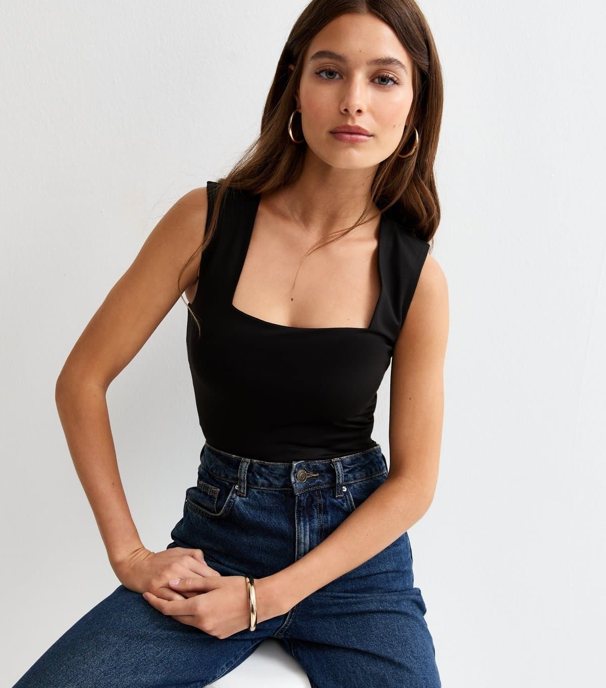 New Look Women's Black Slinky Square Neck Sleeveless Bodysuit New Look