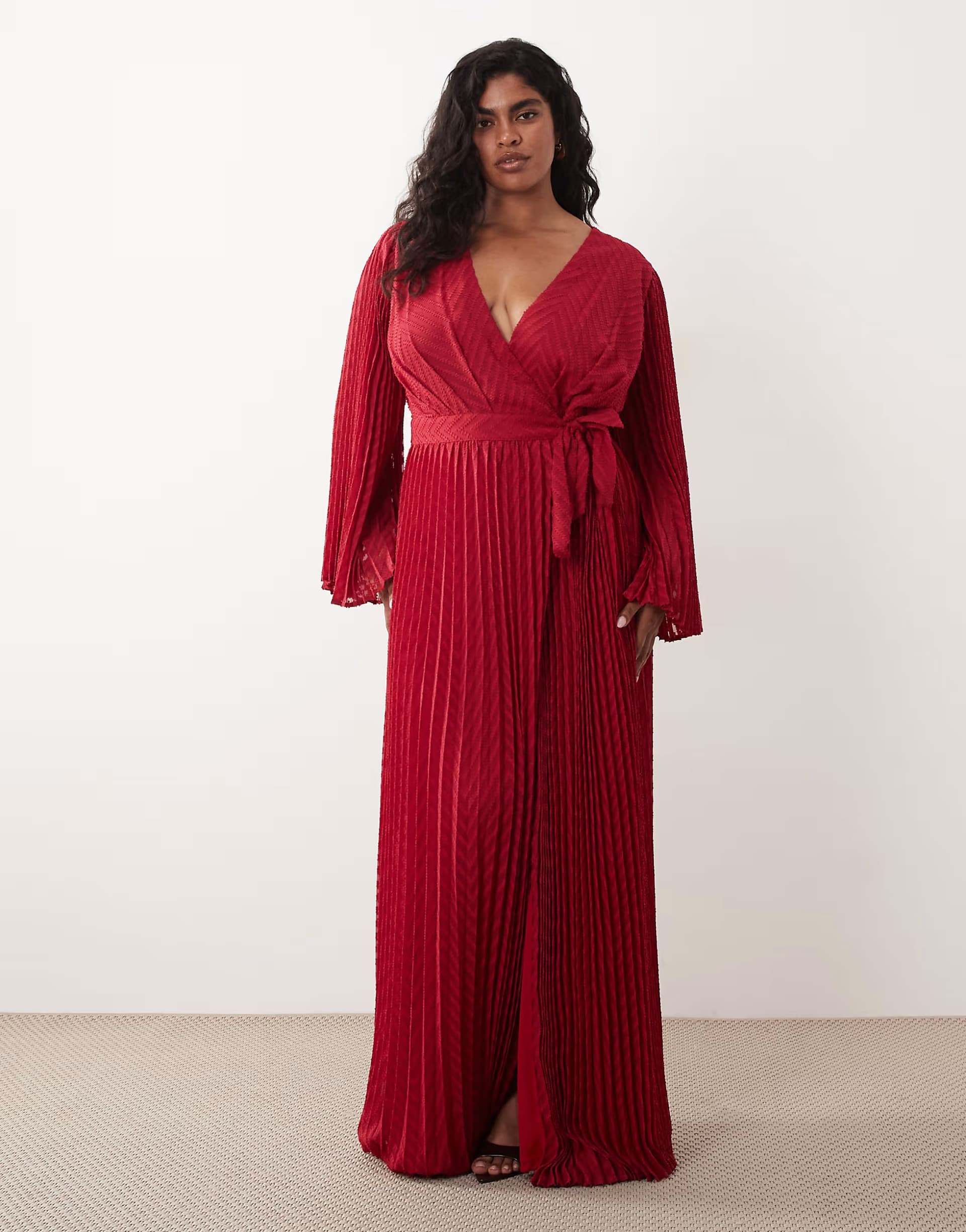 ASOS TFNC Plus jacquard pleated wrap long sleeve maxi dress in red