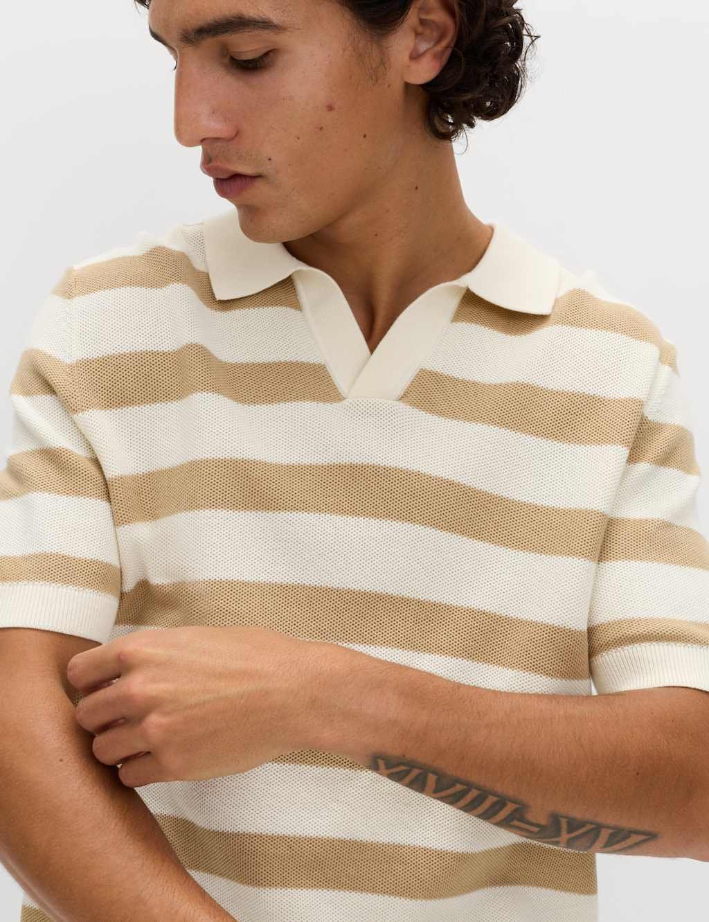 Marks & Spencer M&S Pure Cotton Striped Knitted Polo Shirt Ecru Mix - 2