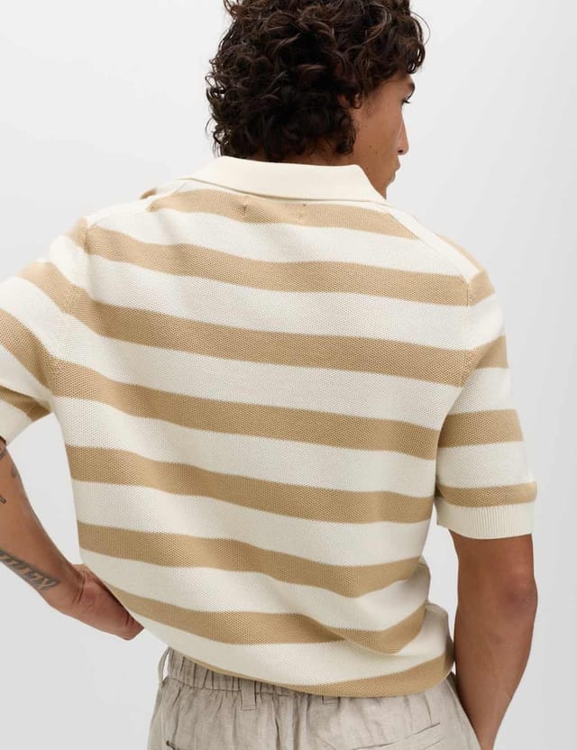 Marks & Spencer M&S Pure Cotton Striped Knitted Polo Shirt Ecru Mix - 3