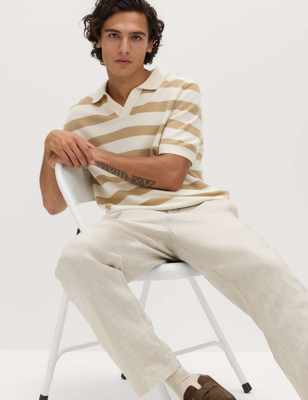 Marks & Spencer M&S Pure Cotton Striped Knitted Polo Shirt Ecru Mix - 4