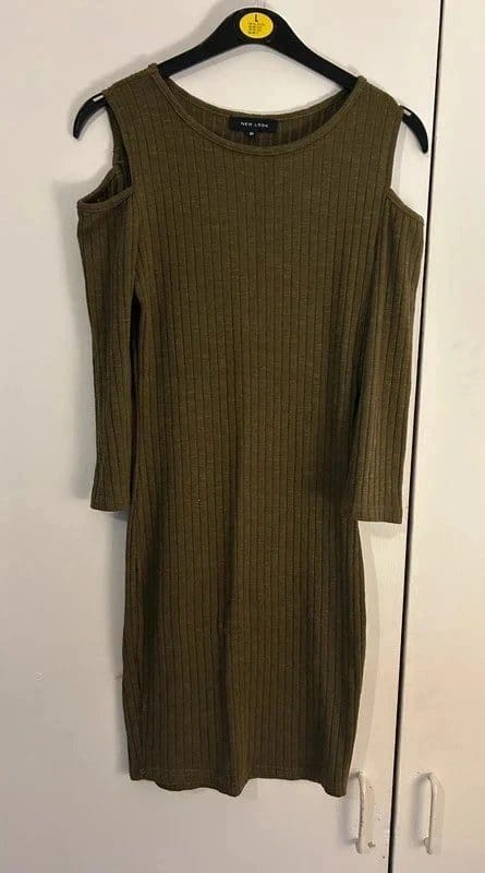 New Look Khaki Ribbed Cold Shoulder Dress Size 10