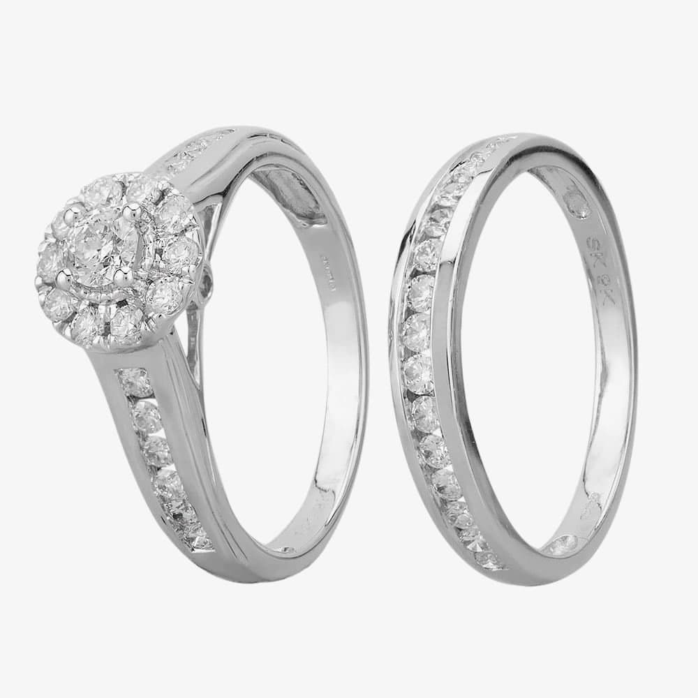 T.H.Baker T.H.Baker Women's 9ct White Gold 1.00ct Diamond Cluster Halo Bridal Set in Silver