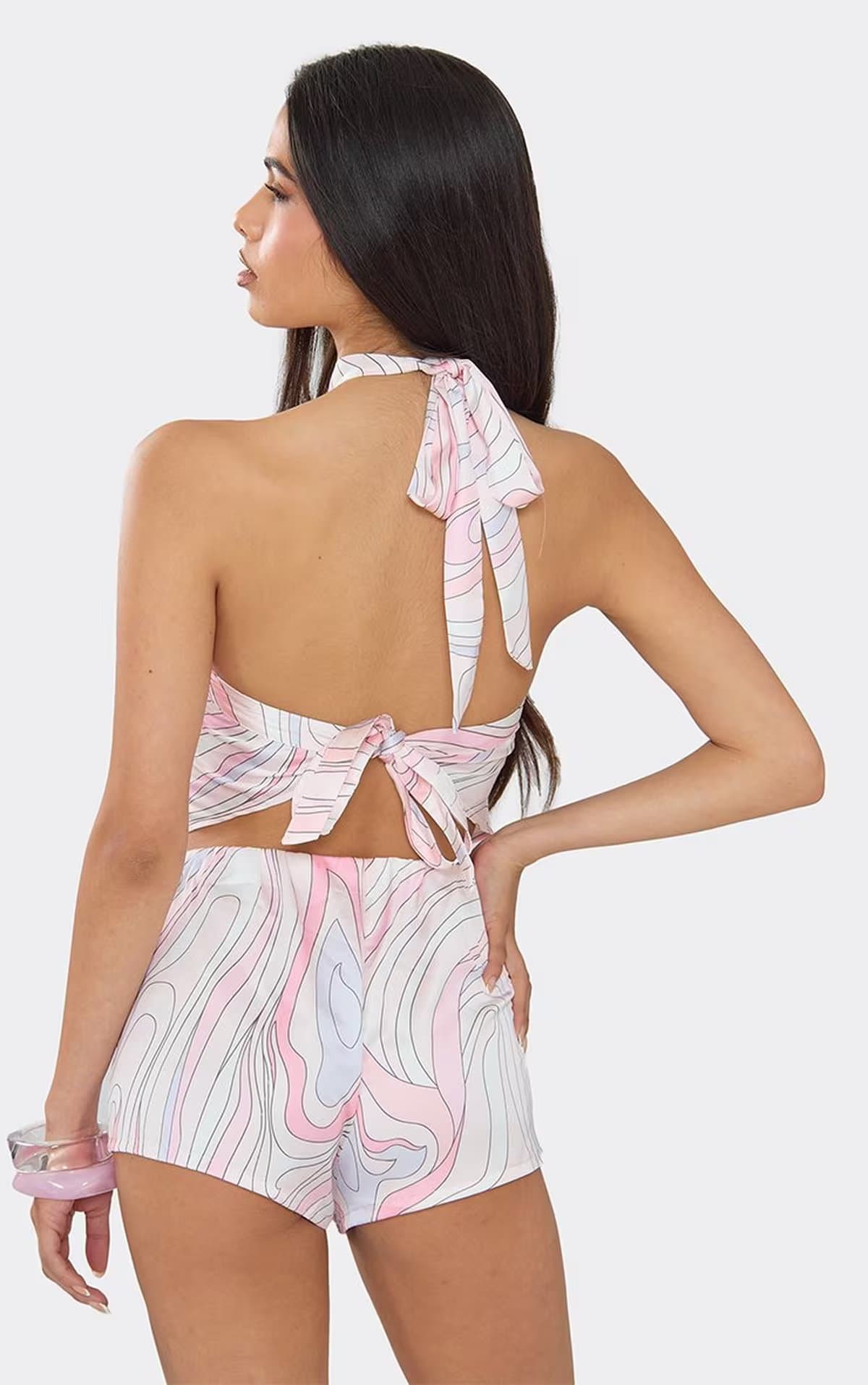 EGO High Neck Halter Tie Back Top In Pink Print, Women's Size UK 6