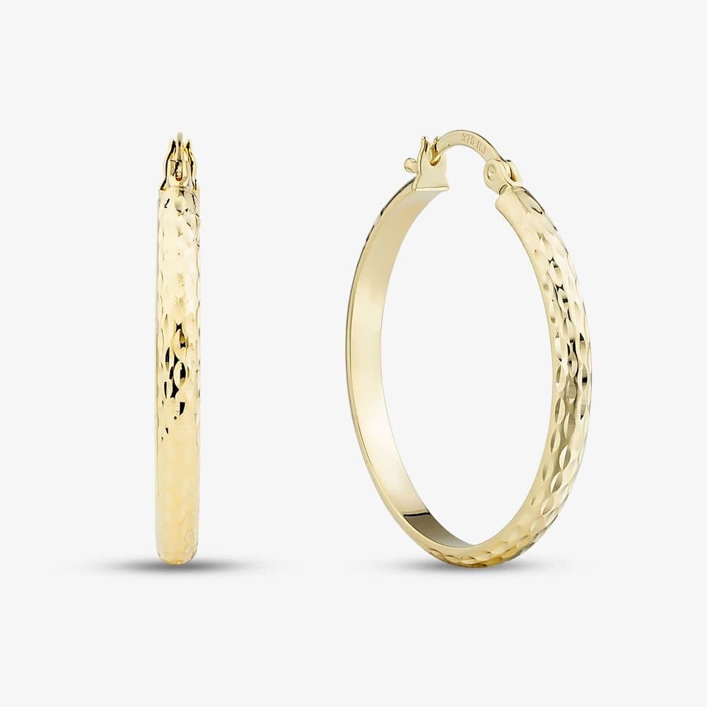 T.H.Baker T.H.Baker Women's 9ct Yellow Gold Medium Hammered Pattern Hoop Earrings E-HTHC-325-9Y