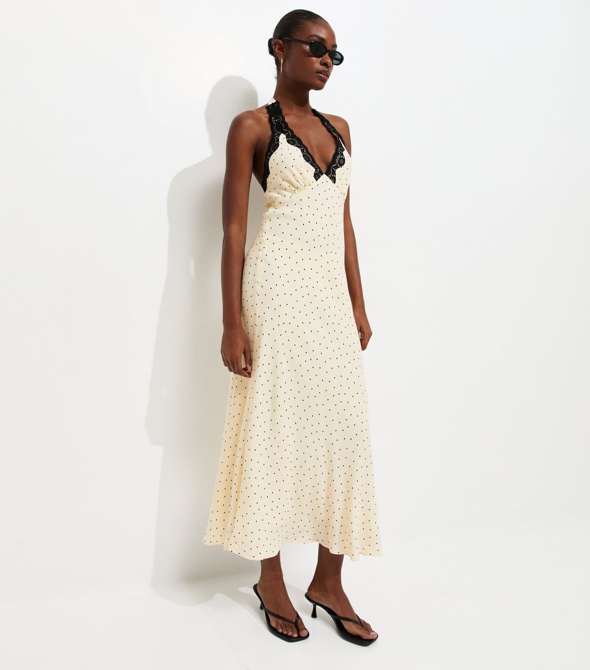 New Look Women's Cream Polka Dot Lace Trim Halter Neck Midi Dress New Look