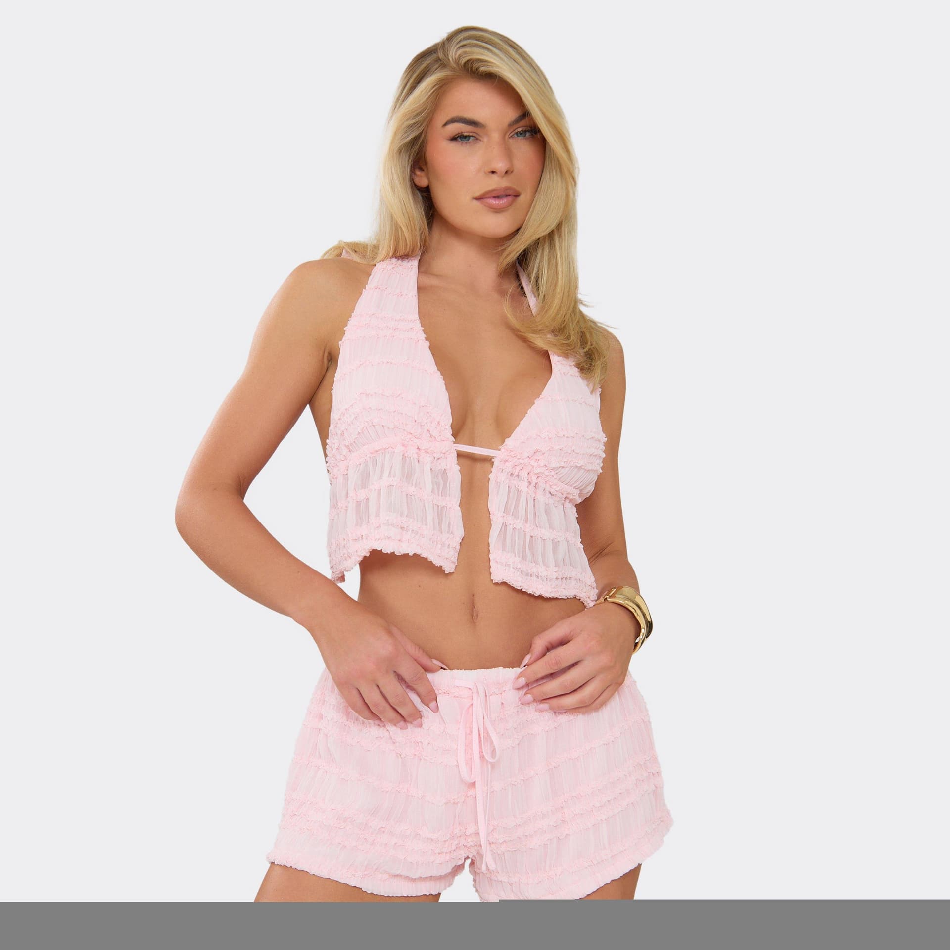 EGO Halterneck Split Front Top In Pink Texture, Women's Size UK 6