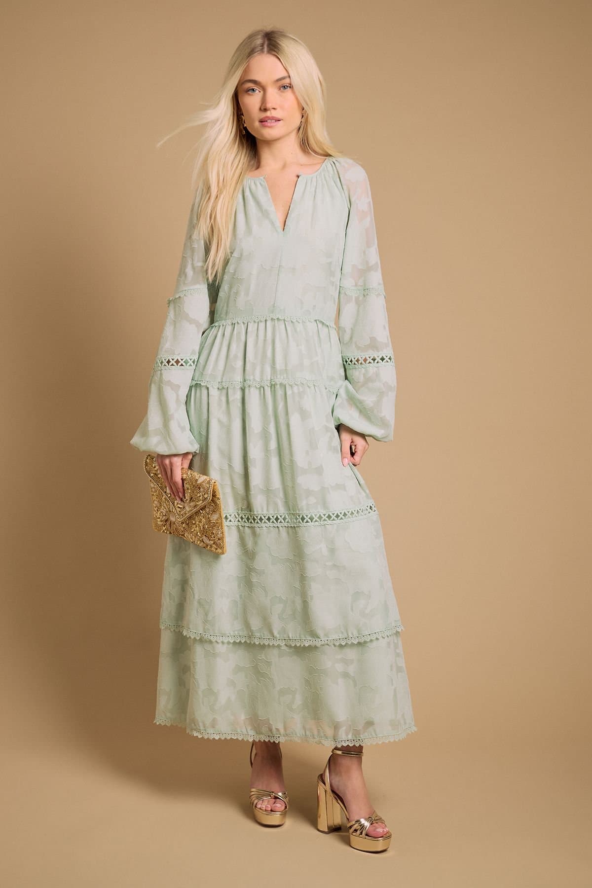 Oasis Oasis Women's Lace Detail Smock Maxi Dress in Green