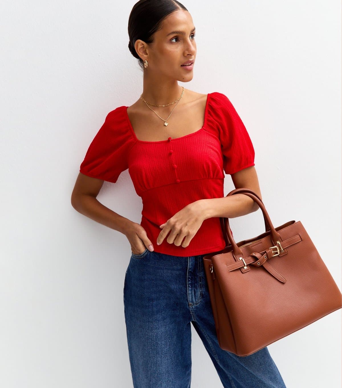 New Look New Look Bright Red Crinkle Jersey Puff Sleeve Top