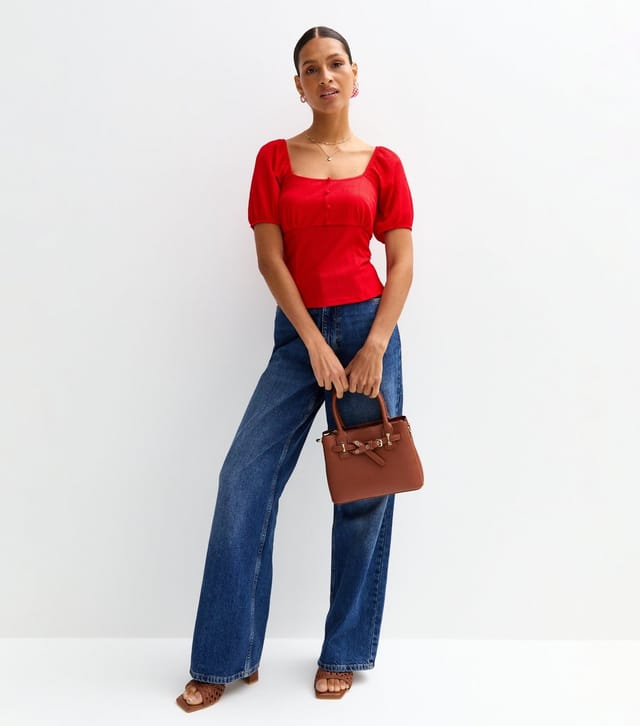 New Look Women's Bright Red Crinkle Jersey Button Front Top New Look - 2