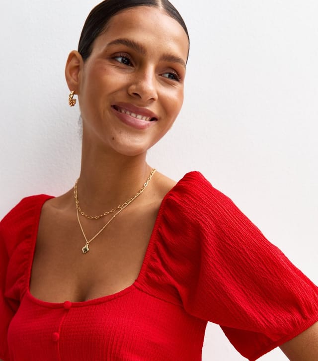 New Look Women's Bright Red Crinkle Jersey Button Front Top New Look - 3