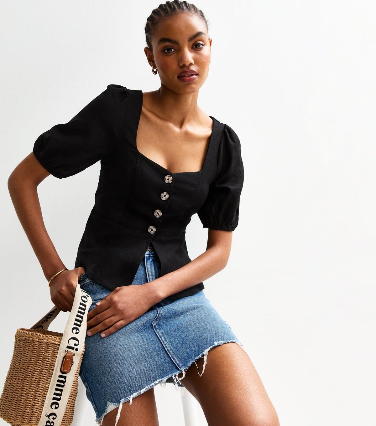 New Look Women's Tall Black Linen Blend Button Up Peplum Top New Look