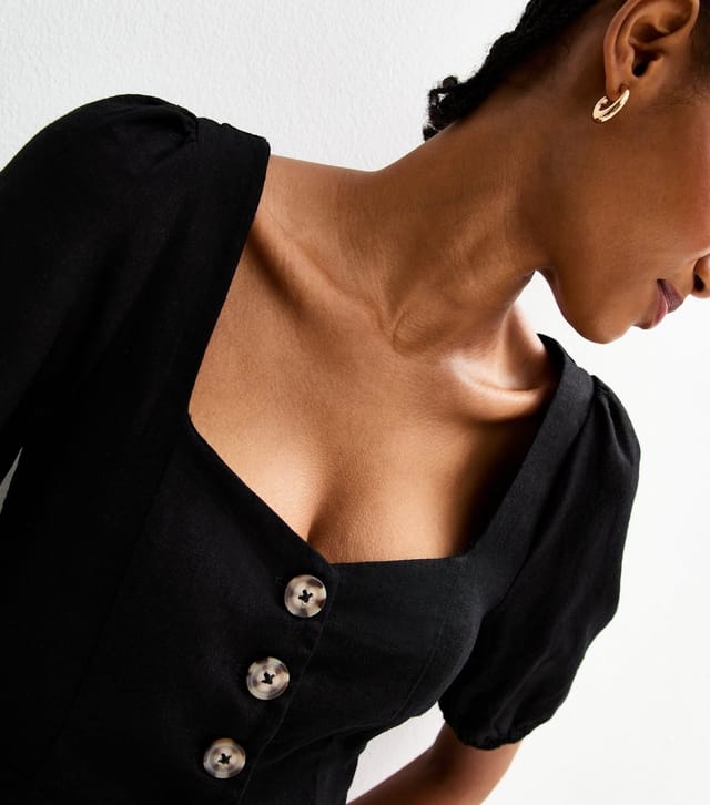 New Look Women's Tall Black Linen Blend Button Up Peplum Top New Look - 2