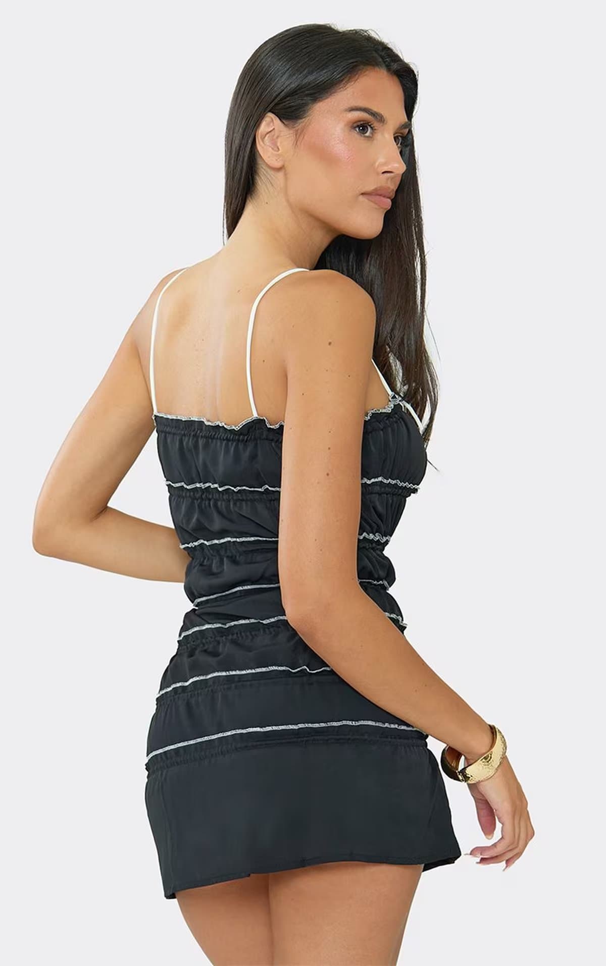 EGO Strappy Bow Tie Detail Ruched Mini Dress In Black, Women's Size UK 8