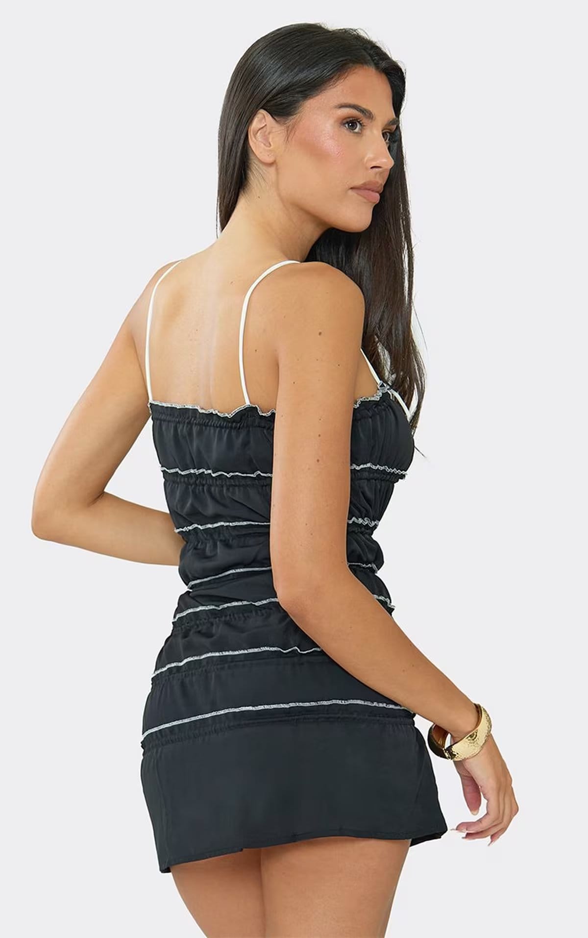 EGO Strappy Bow Tie Detail Ruched Mini Dress In Black, Women's Size UK 8 - 1