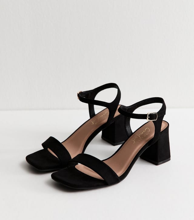 New Look Women's Black Faux Suede Square Toe Block Heel Sandals Vegan New Look - 3
