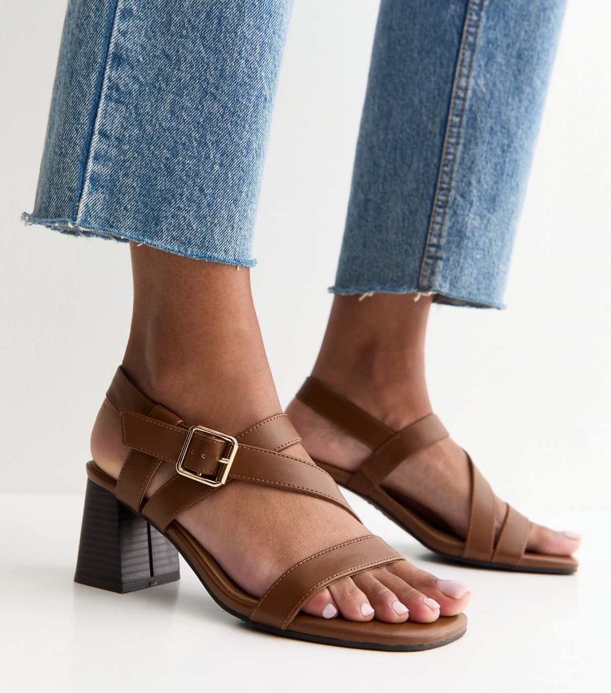 New Look Women's Wide Fit Tan Faux Leather Mutli Strap Block Heel Sandals Vegan New Look