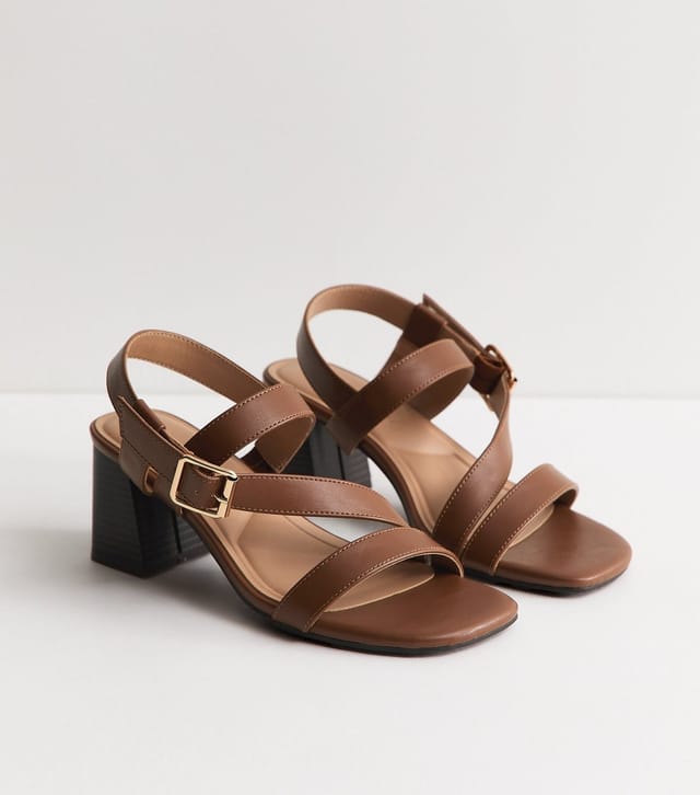 New Look Women's Wide Fit Tan Faux Leather Mutli Strap Block Heel Sandals Vegan New Look - 2