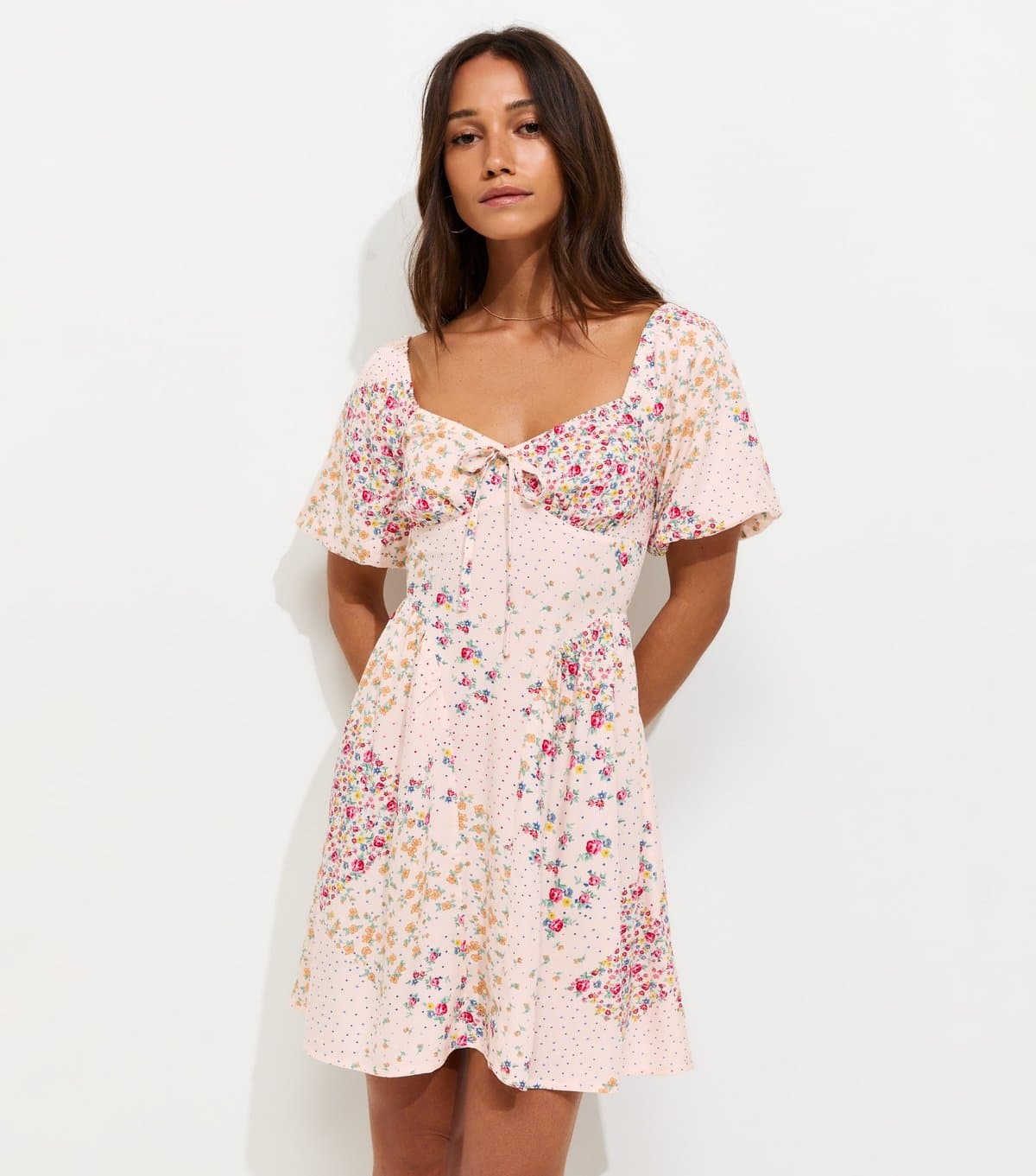 New Look Women's Cream Floral Patchwork Print Milkmaid Mini Dress New Look