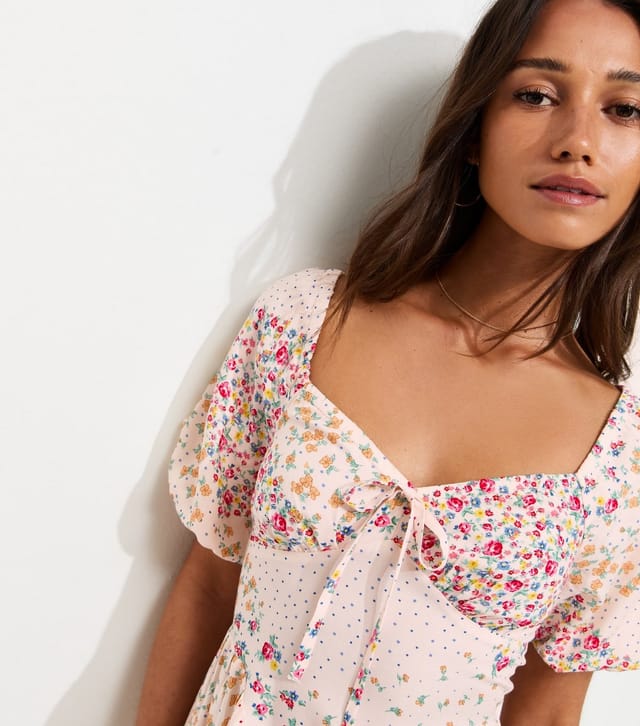 New Look Women's Cream Floral Patchwork Print Milkmaid Mini Dress New Look - 2