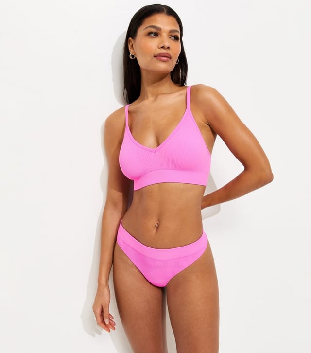 New Look Women's Bright Pink Seamless Ribbed Jersey V-Neck Bra New Look - 3