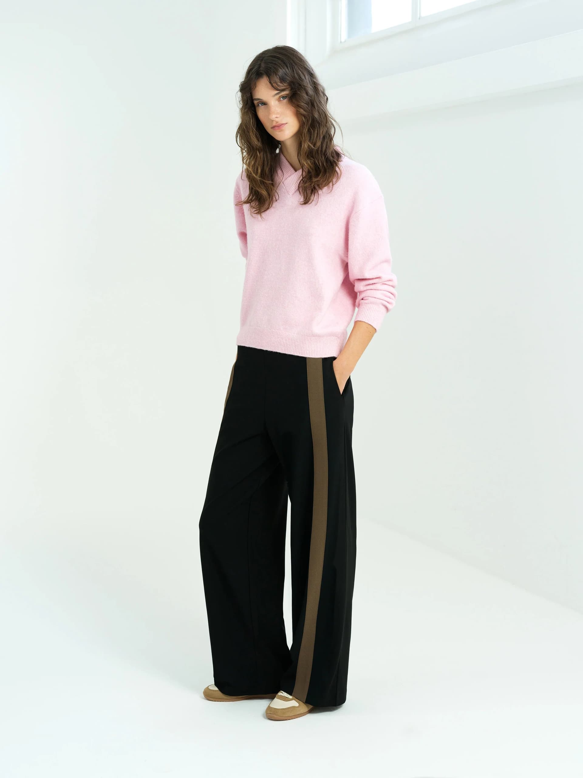 French Connection Veda Black Contrast Stripe Wide Leg Trousers Black/Mink Brown