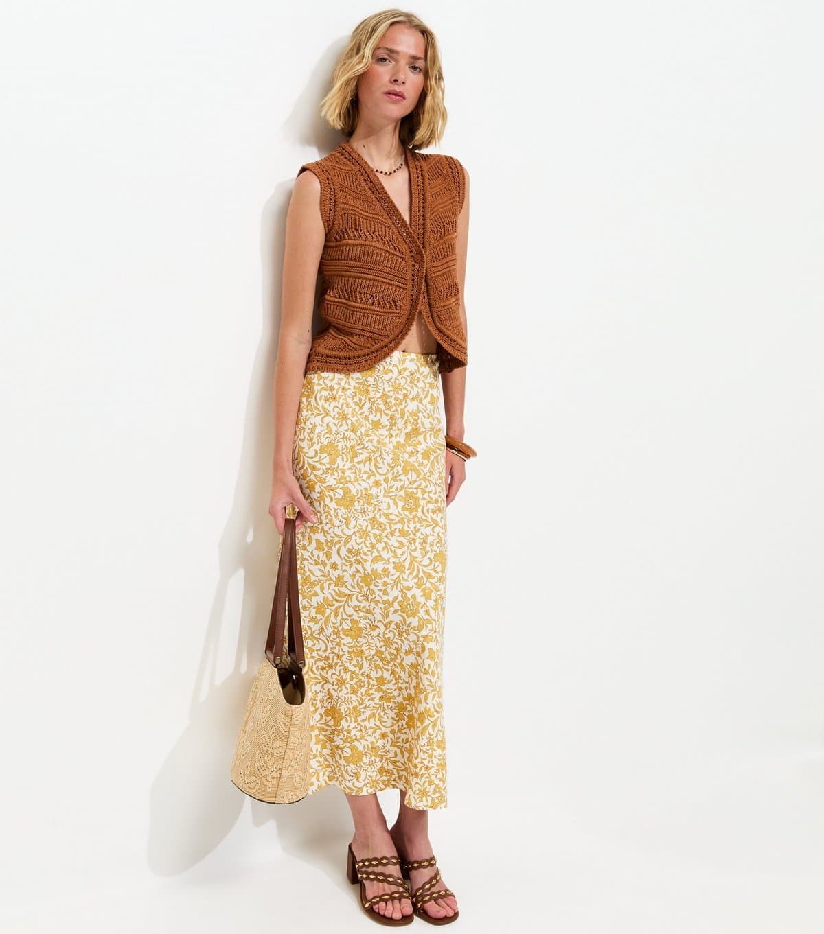 New Look Women's Yellow Linen Blend Floral Bias Cut Midi Skirt New Look