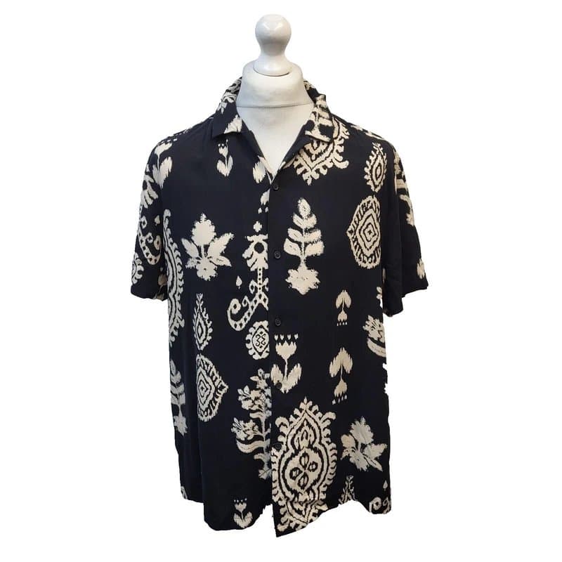 ASOS Asos Shirt Black Beige Retro Print Viscose Short Sleeve Men's L