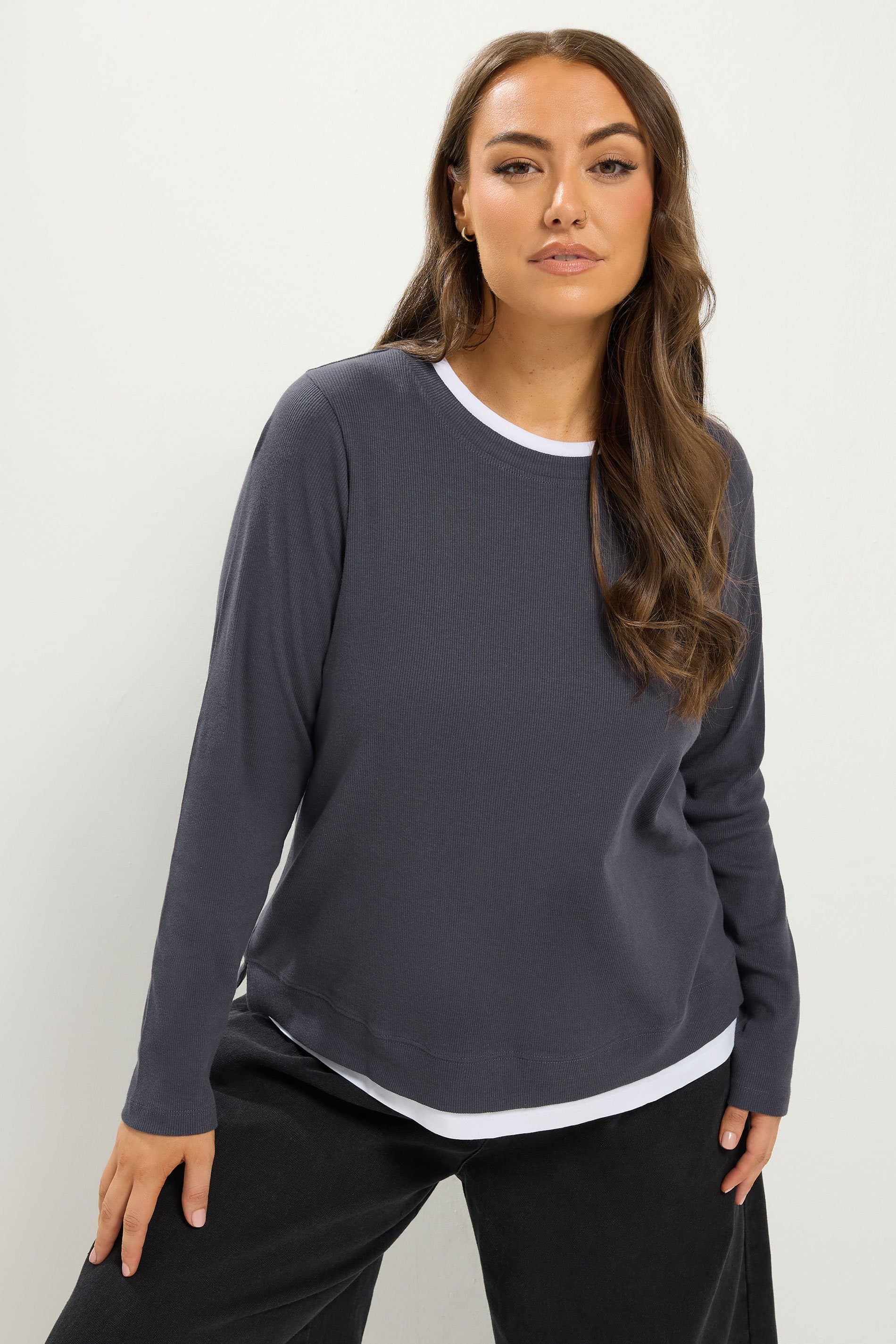 Yours Plus Size Grey & White 2In1 Ribbed Top