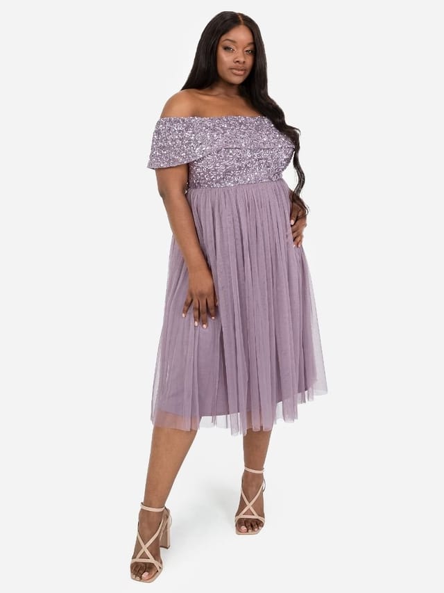 Maya Deluxe Maya Deluxe Women's Bardot Embellished Midi Dress in Lilac - 2