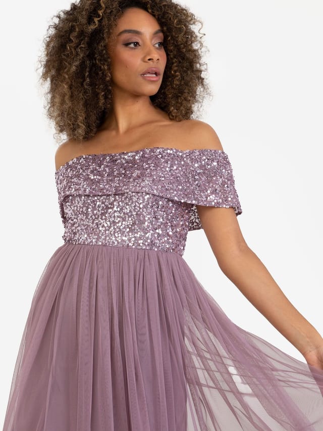Maya Deluxe Maya Deluxe Women's Bardot Embellished Midi Dress in Lilac - 3