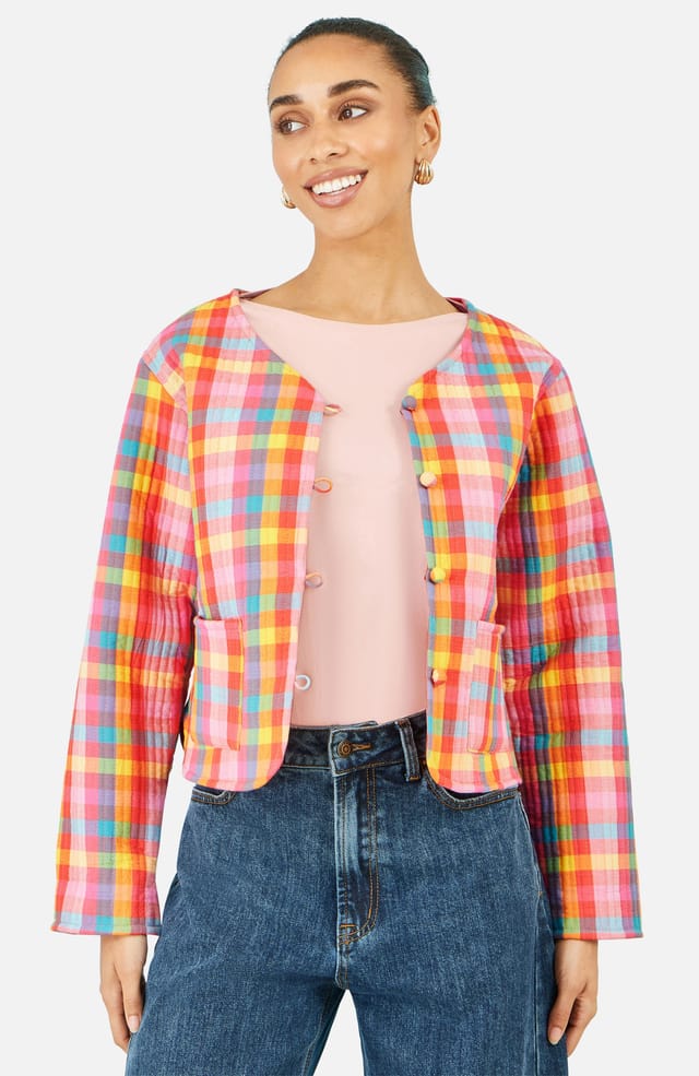Yumi Yumi Women's Multicolour Checked Reversible Cotton Quilted Jacket in Raspberry - 2